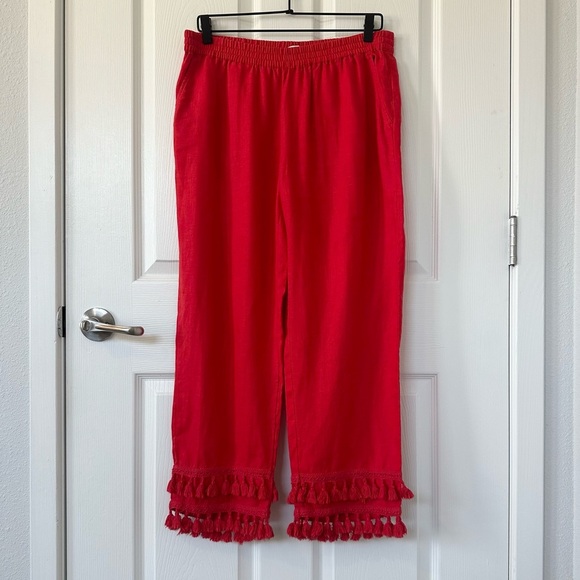 Crown & Ivy Linen Elastic Waist Pants with Tassel Ankles - Picture 1 of 8